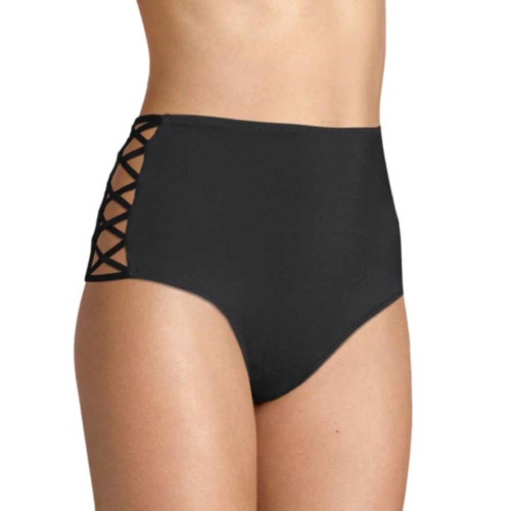 Mandalay Swimwear High Waist Criss Cross Black Bikini Bottom Size Large NWT